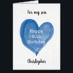 Blue Heart For My Son 40th Birthday<br><div class="desc">A personalised 40th birthday card for son that features a watercolor blue heart, which says "Happy 40th Birthday". The inside card message reads a sweet sentiment, which can be easily edited. The back of this personalised 40th birthday card for him features the same heart along with the year, which you...</div>