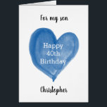 Blue Heart For My Son 40th Birthday<br><div class="desc">A personalised 40th birthday card for son that features a watercolor blue heart, which says "Happy 40th Birthday". The inside card message reads a sweet sentiment, which can be easily edited. The back of this personalised 40th birthday card for him features the same heart along with the year, which you...</div>