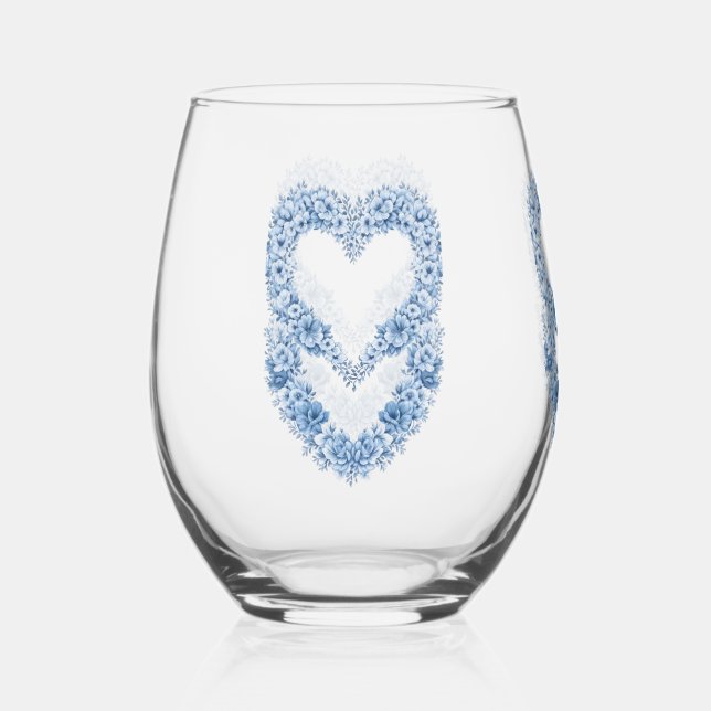Blue Heart Frame Drinkware Set Stemless Wine Glass (Front)