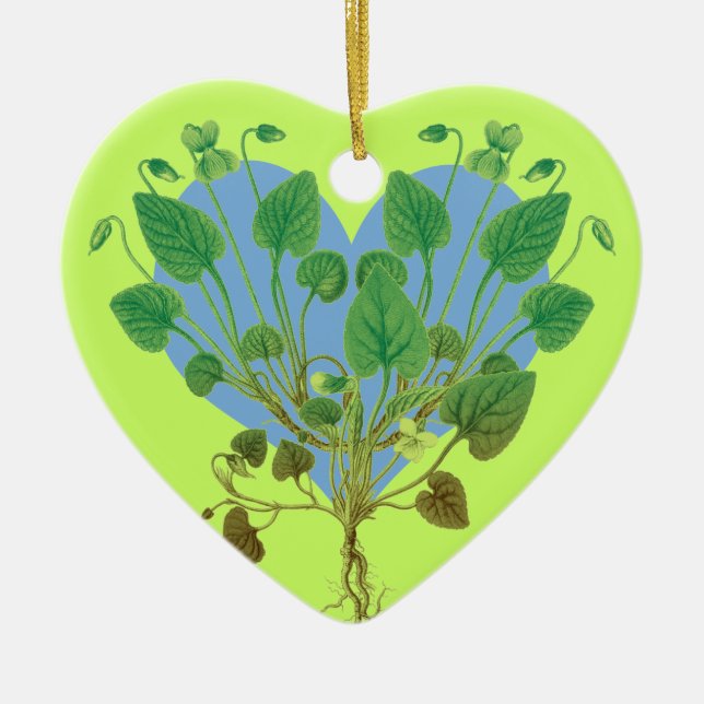 Blue Heart Green Leaves Ceramic Tree Decoration (Front)