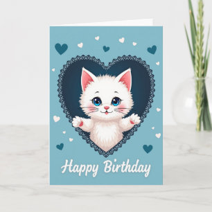 Blue Heart Kitten Birthday Card