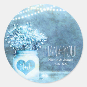 Blue Heart Mason Jar & Baby's Breath Wedding Favou Classic Round Sticker