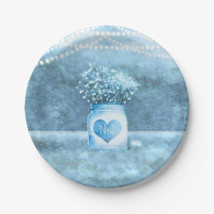 Blue Heart Mason Jar & Baby's Breath Wedding Paper Plate