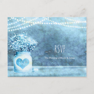 Blue Heart Mason Jar & Baby's Breath Wedding RSVP Invitation Postcard