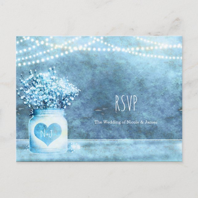 Blue Heart Mason Jar & Baby's Breath Wedding RSVP Invitation Postcard (Front)