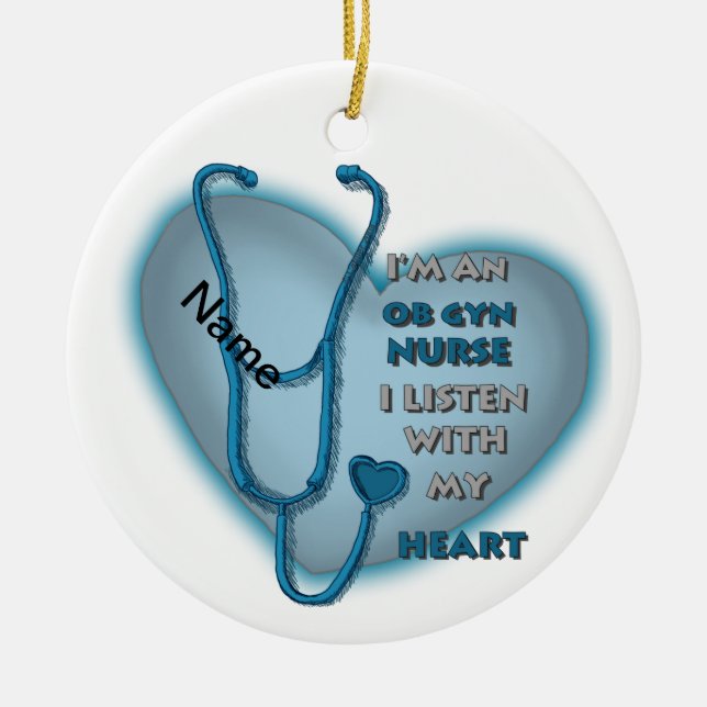 Blue Heart ObGyn Nurse Ceramic Tree Decoration (Front)