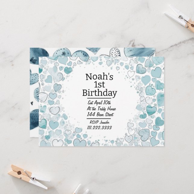 Blue Heart Personalised Birthday Invitation (Front/Back In Situ)