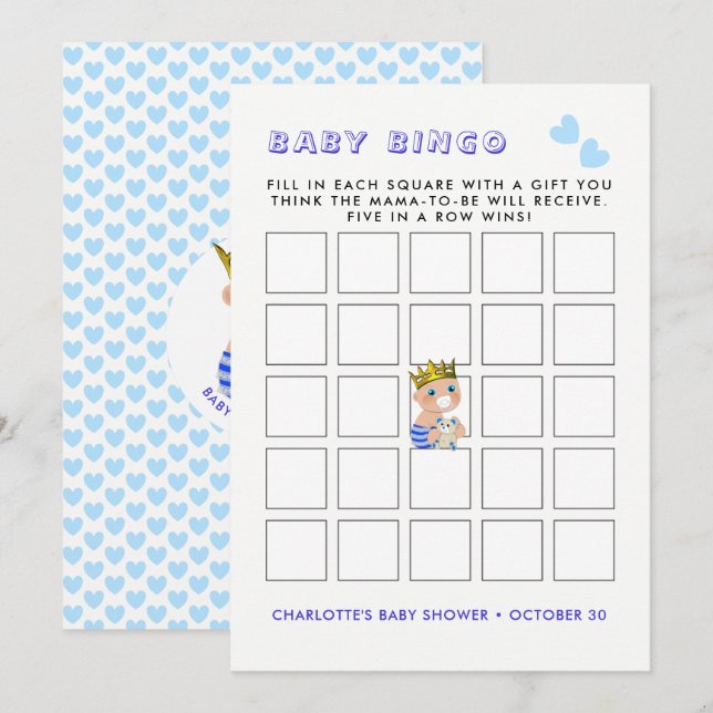 Blue Heart Prince Baby Boy Shower Party Bingo Game Invitation (Front/Back)