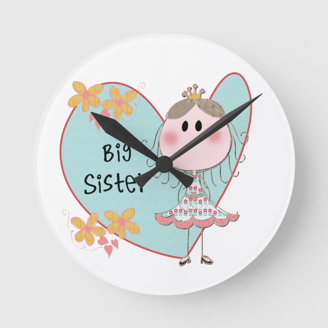 Blue Heart Princess Big Sister Round Clock (Front)