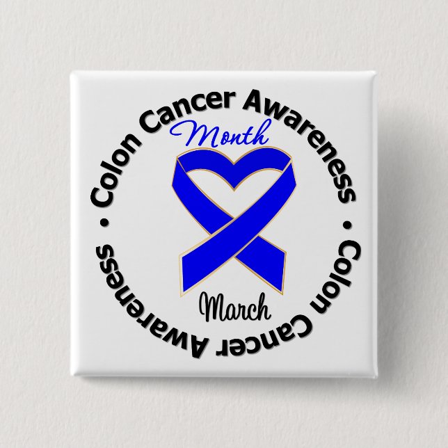 Blue Heart Ribbon - Colon Cancer Awareness Month 15 Cm Square Badge (Front)