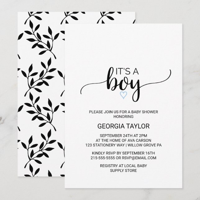 Blue Heart | Simple Black Calligraphy It's A Boy Invitation (Front/Back)