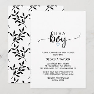 Blue Heart   Simple Black Calligraphy It's A Boy Invitation