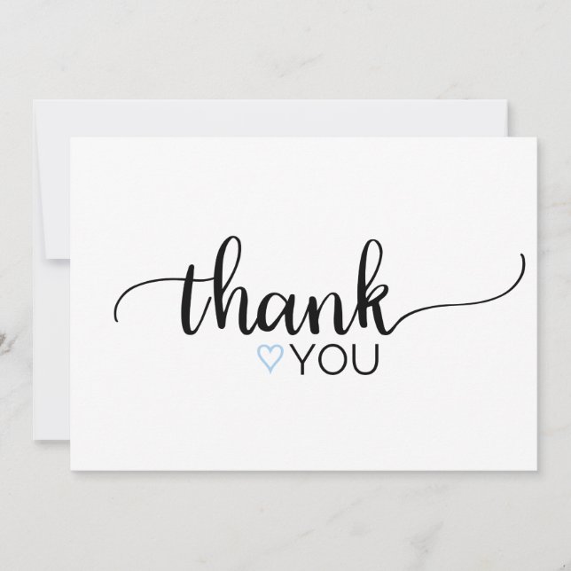Blue Heart Simple Black Calligraphy Thank You Card (Front)