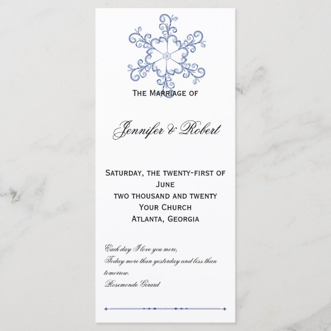 Blue Heart Snowflake Wedding Program Programme (Front)