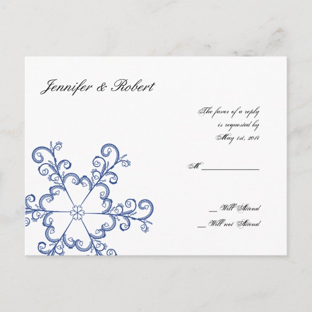 Blue Heart Snowflake Wedding RSVP Postcard (Front)
