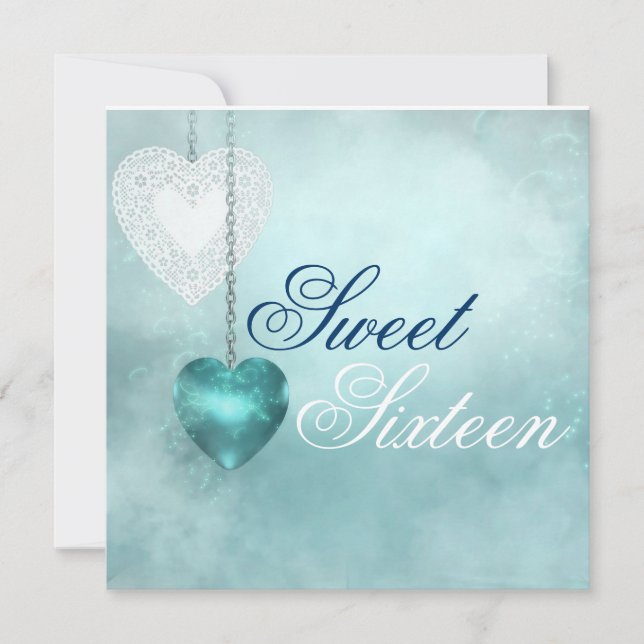Blue Heart Sweet Sixteen Birthday Invitation (Front)