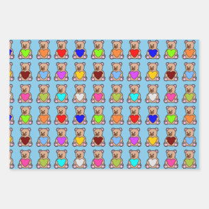 Blue Heart Teddy Bears Wrapping Paper Sheet