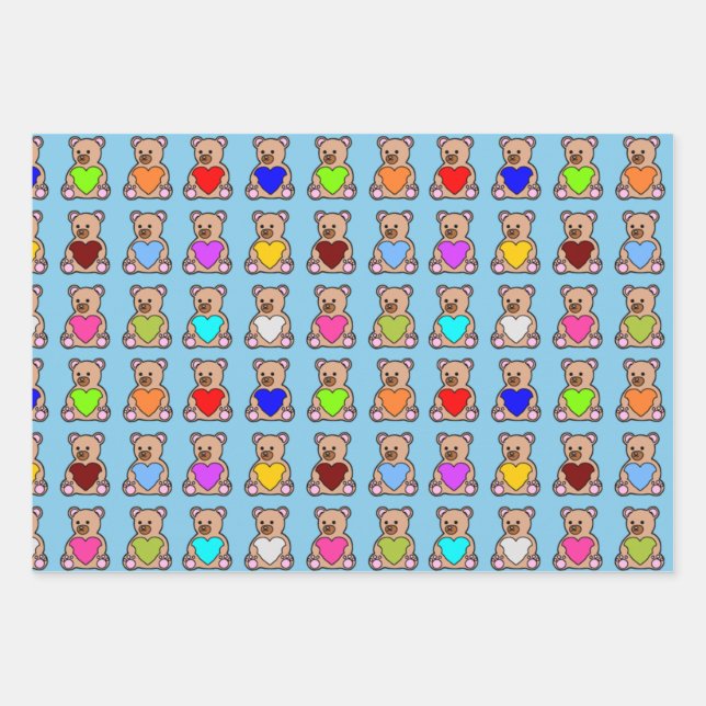 Blue Heart Teddy Bears Wrapping Paper Sheet (Front)
