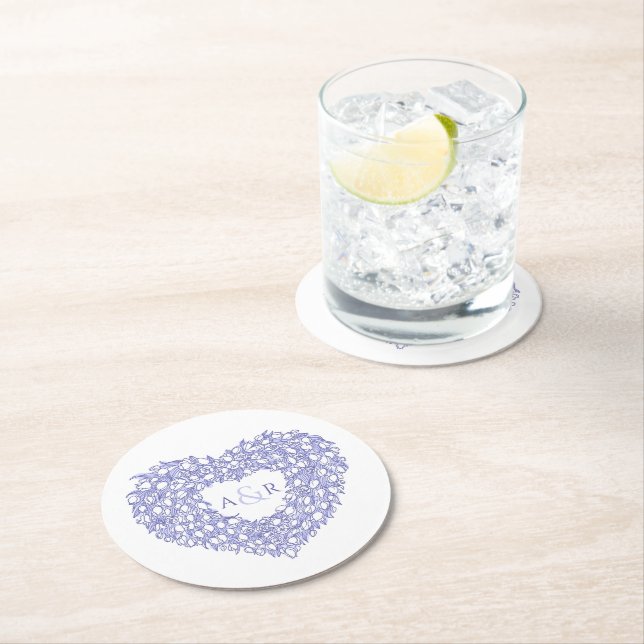 blue heart tulip floral monogram wedding round paper coaster (Insitu)