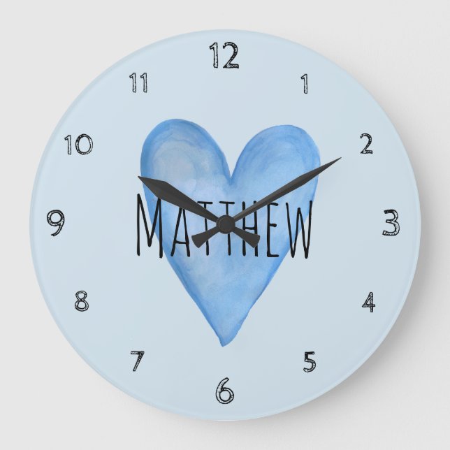 Blue Heart Typography Little Boy Love Name Nursery Large Clock (Front)