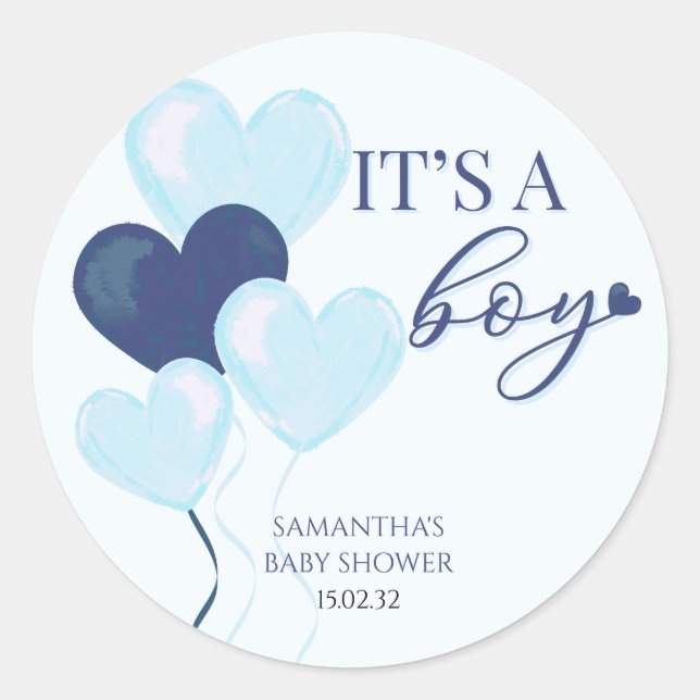 Blue Heart Valentines It's a Boy Baby Shower Classic Round Sticker (Front)