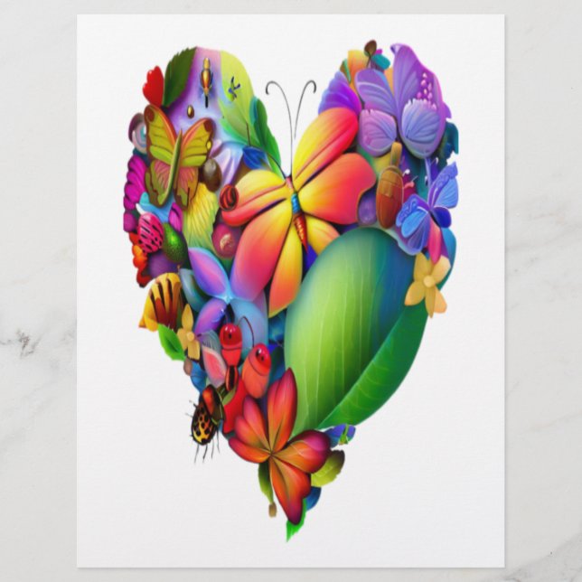Blue Heart with Blooming Flower and Green Leaves Custom Letterhead (Front)
