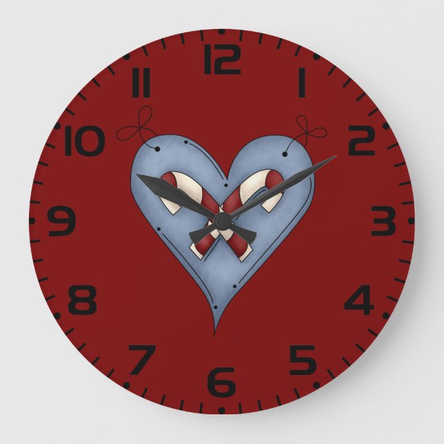 Blue Heart with Candy Canes Country Christmas Large Clock (Front)