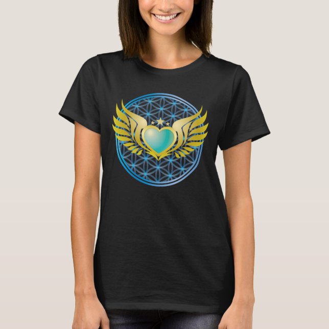Blue Heart with Gold Angel Wings on Flower of Life T-Shirt (Front)