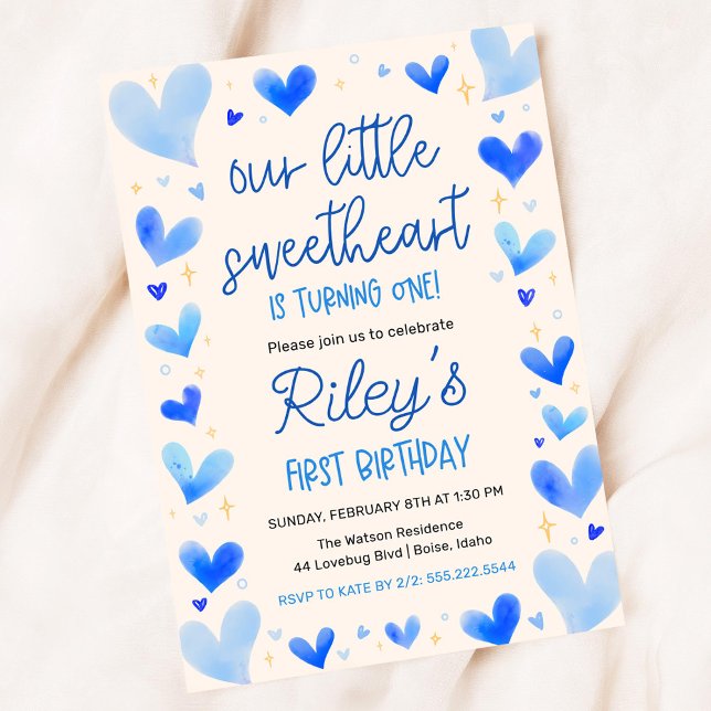 Blue Hearts 1st Birthday Our Little Sweetheart Invitation (Creator Uploaded)