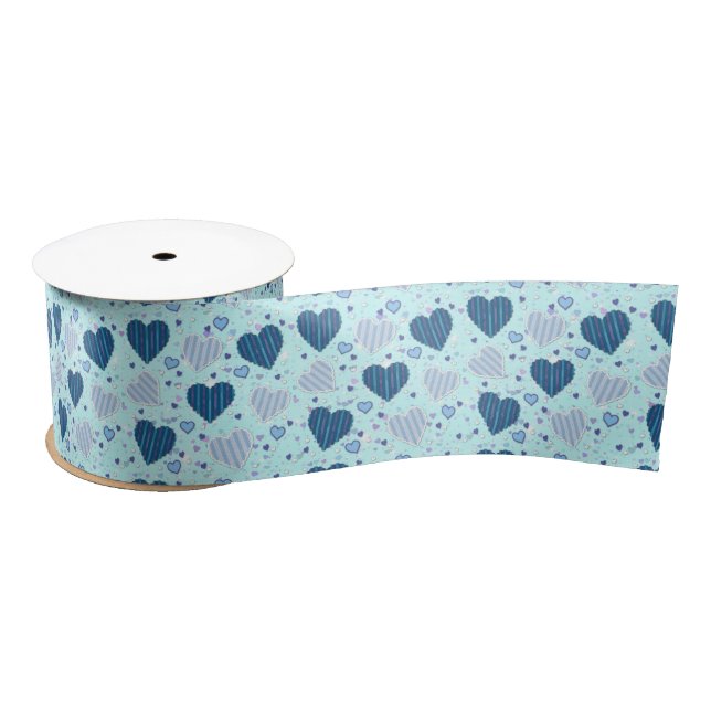 Blue Hearts 3" Wide Satin Ribbon, 2 Yard Spool Satin Ribbon (Spool)