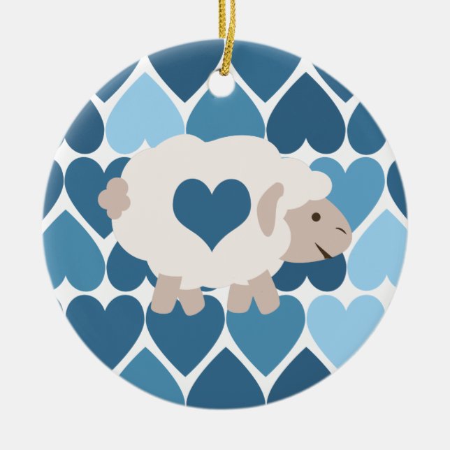 Blue Hearts and Cute Lamb Ceramic Tree Decoration (Front)