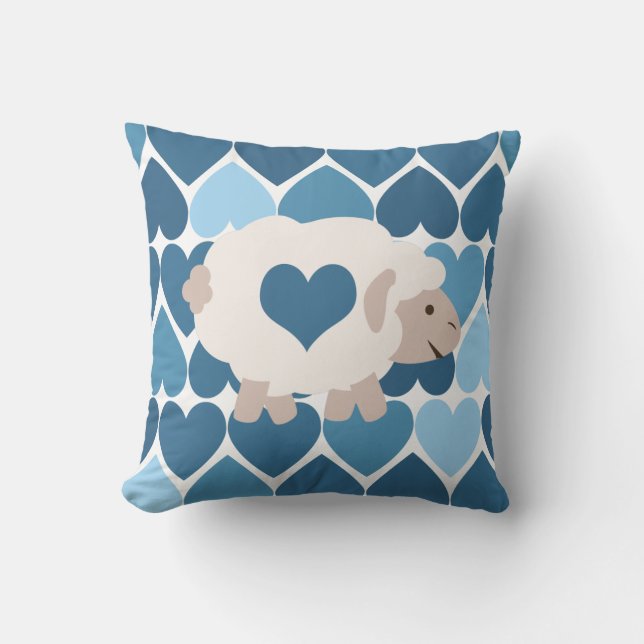 Blue Hearts and Cute Lamb Cushion (Front)
