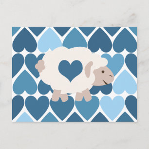 Blue Hearts and Cute Lamb Postcard