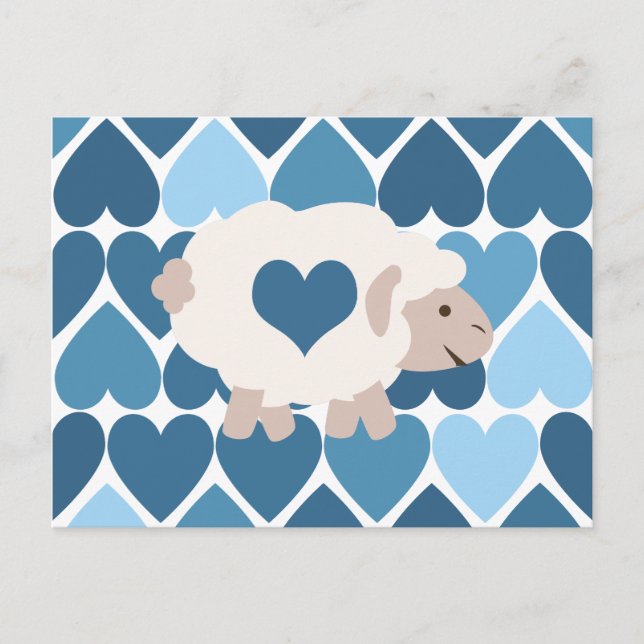 Blue Hearts and Cute Lamb Postcard (Front)