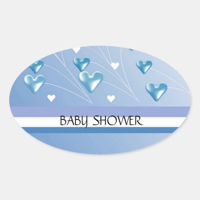 Blue Hearts and Stripes Baby Shower Oval Sticker (Front)