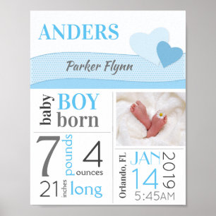 Blue Hearts Baby Boy Birth Stats Sign Announcement