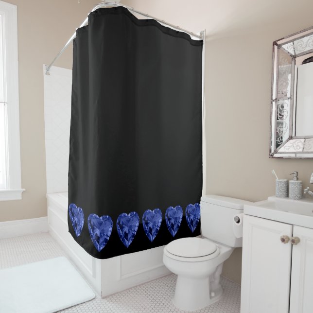 Blue Hearts Black Shower Curtain (In Situ)