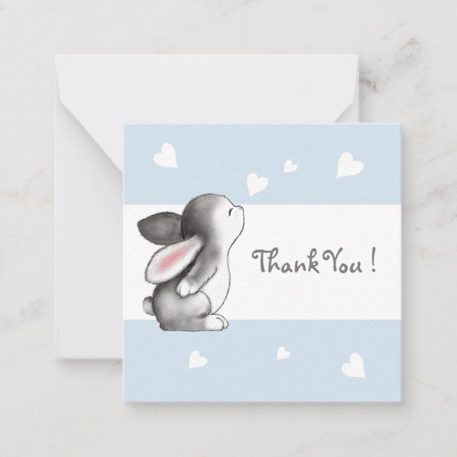 Blue Hearts Bunny Thank You Note Cards (Front)