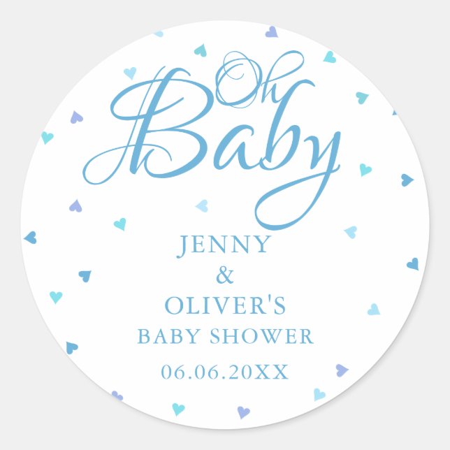 Blue Hearts Oh Baby Couples Baby Boy Shower Classic Round Sticker (Front)