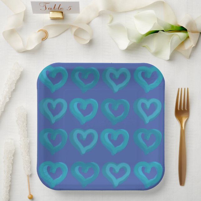 Blue Hearts on Any Background Colour Paper Plates (Wedding)