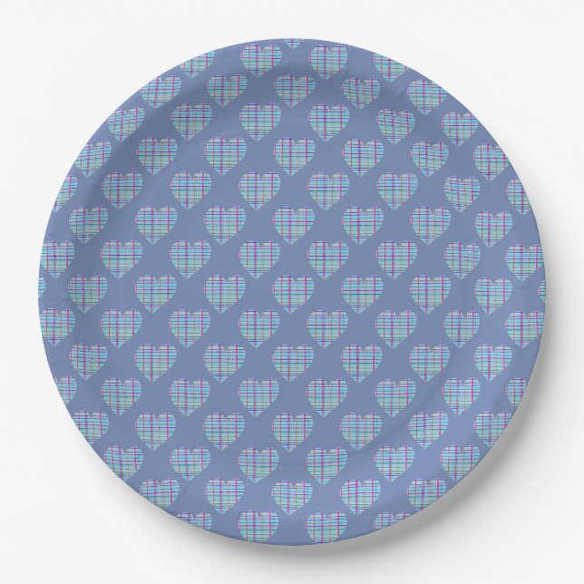 Blue hearts on denim blue paper plate (Front)
