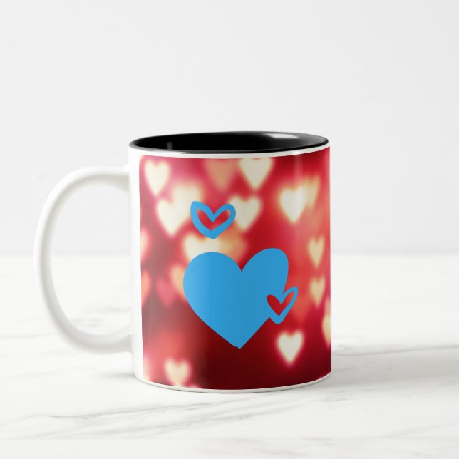 Blue Hearts On Red Love Background Two-Tone Coffee Mug (Left)