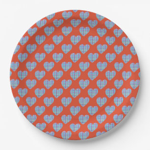 Blue hearts on red paper plate