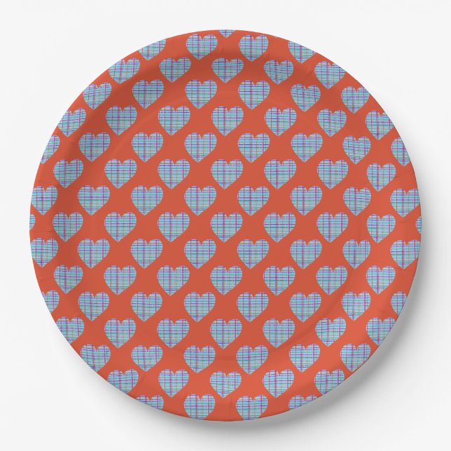 Blue hearts on red paper plate (Front)