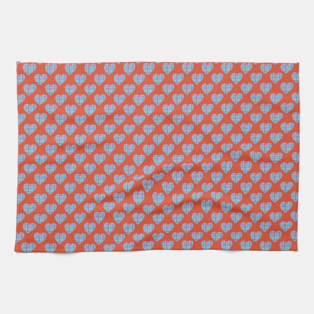 Blue hearts on red tea towel (Horizontal)