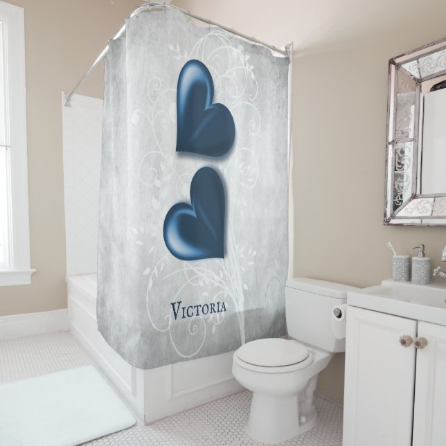 Blue Hearts Personalised Shower Curtain (In Situ)