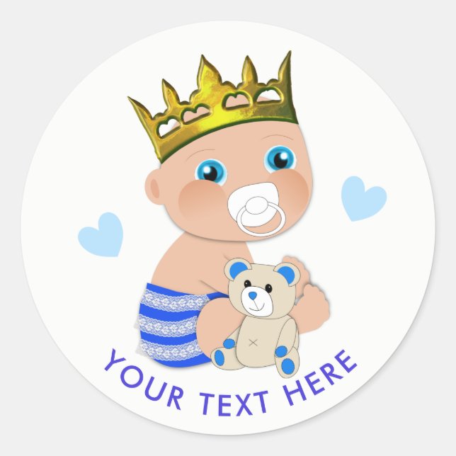 Blue Hearts Prince Baby Boy Shower Personalised Classic Round Sticker (Front)