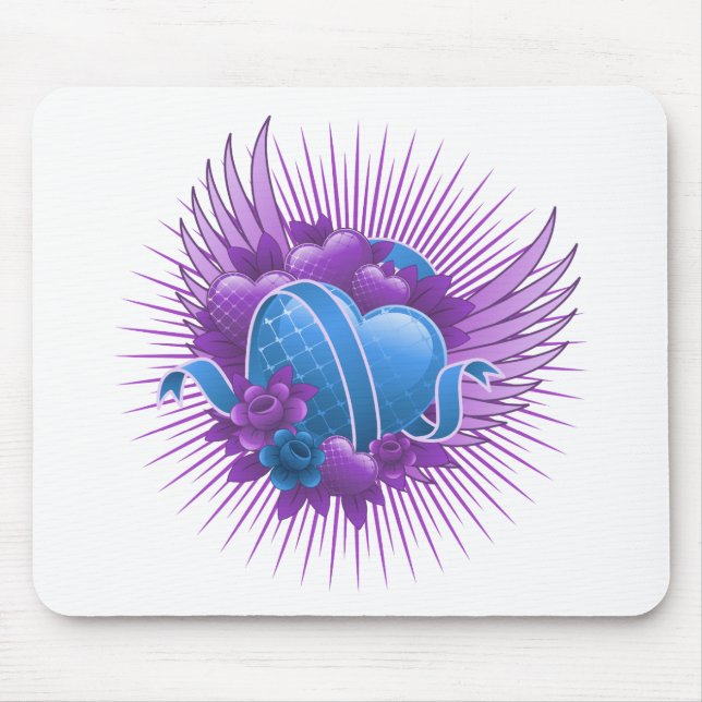 Blue Hearts Roses and Wings Mouse Mat (Front)