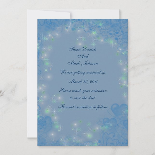 Blue Hearts Sparkly Lights Wedding Save The Date Invitation (Front)