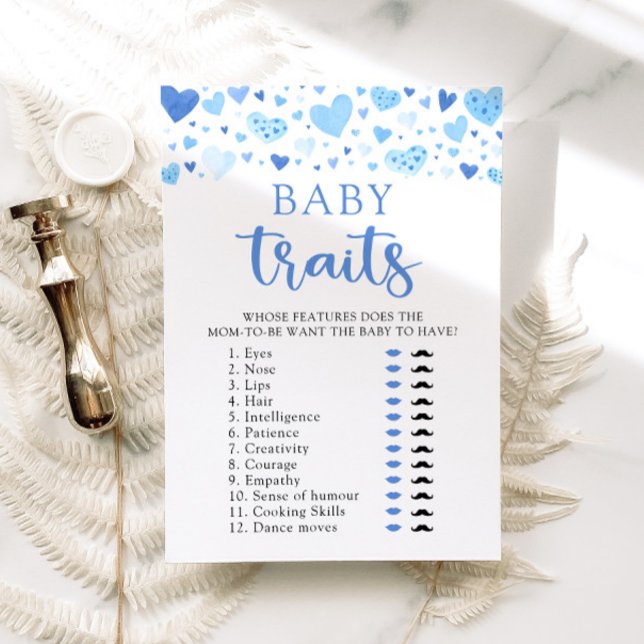 Blue Hearts Valentine Baby Shower Baby Traits Game Invitation (Watercolor Blue Hearts Valentine Sweetheart Heartbreaker February Boy Baby Traits Baby Shower Game)